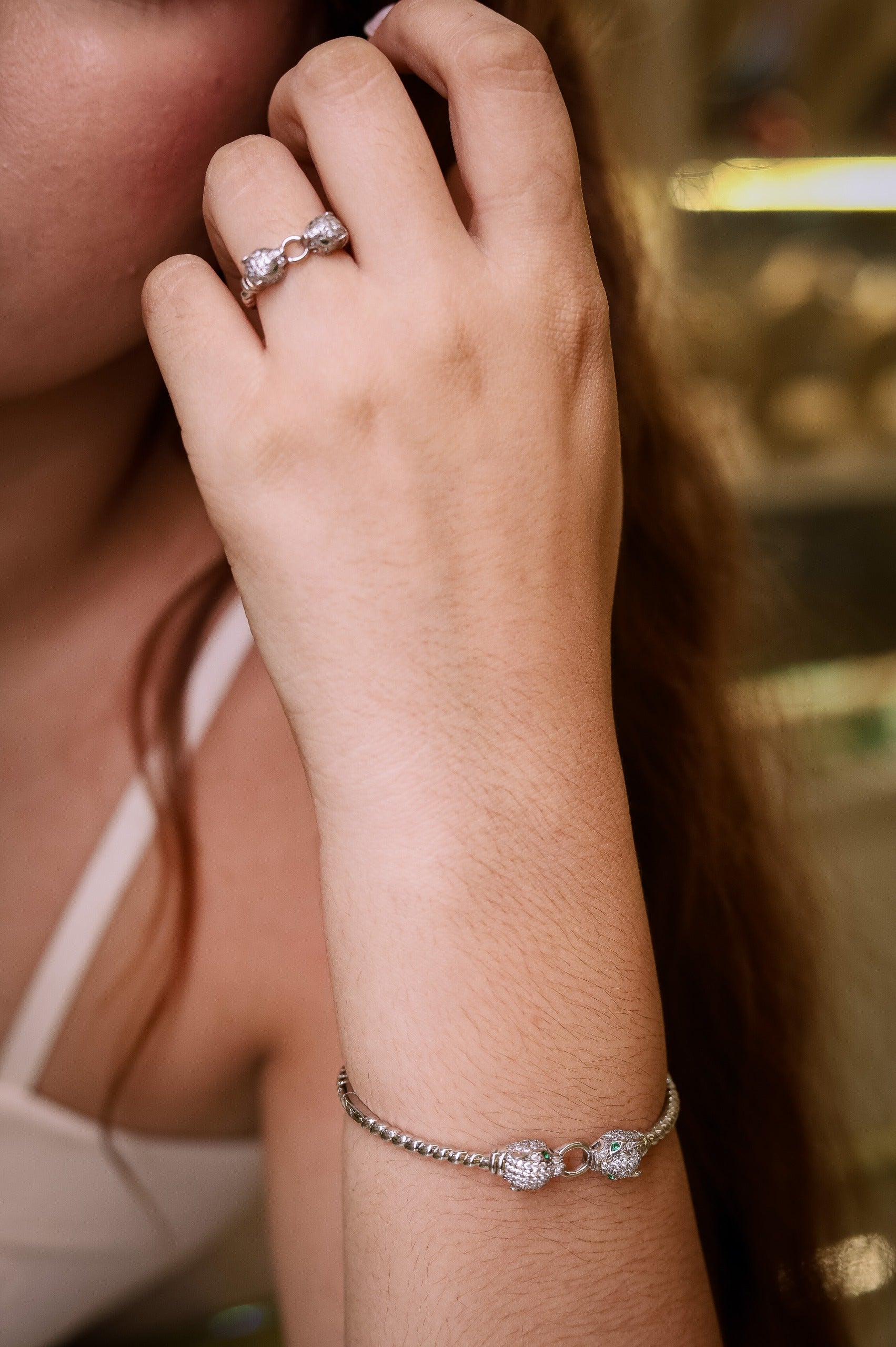 Conjunto Bracelete e Anel em Prata 925 Banho de Ródio e Zirconias