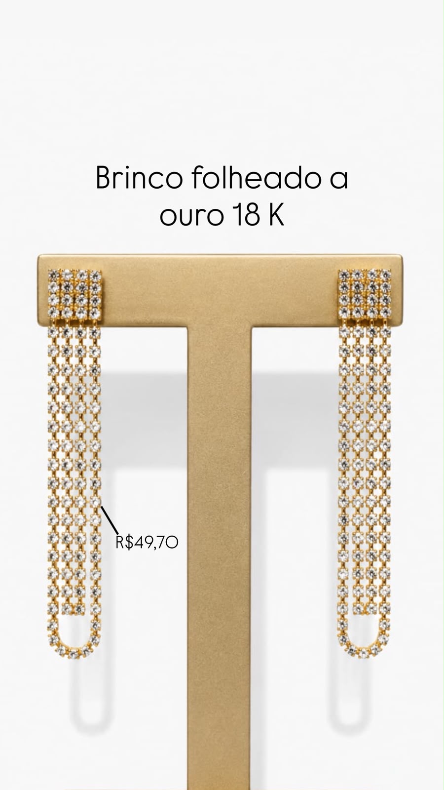 Brinco franja de Strass Quadrado Folheado