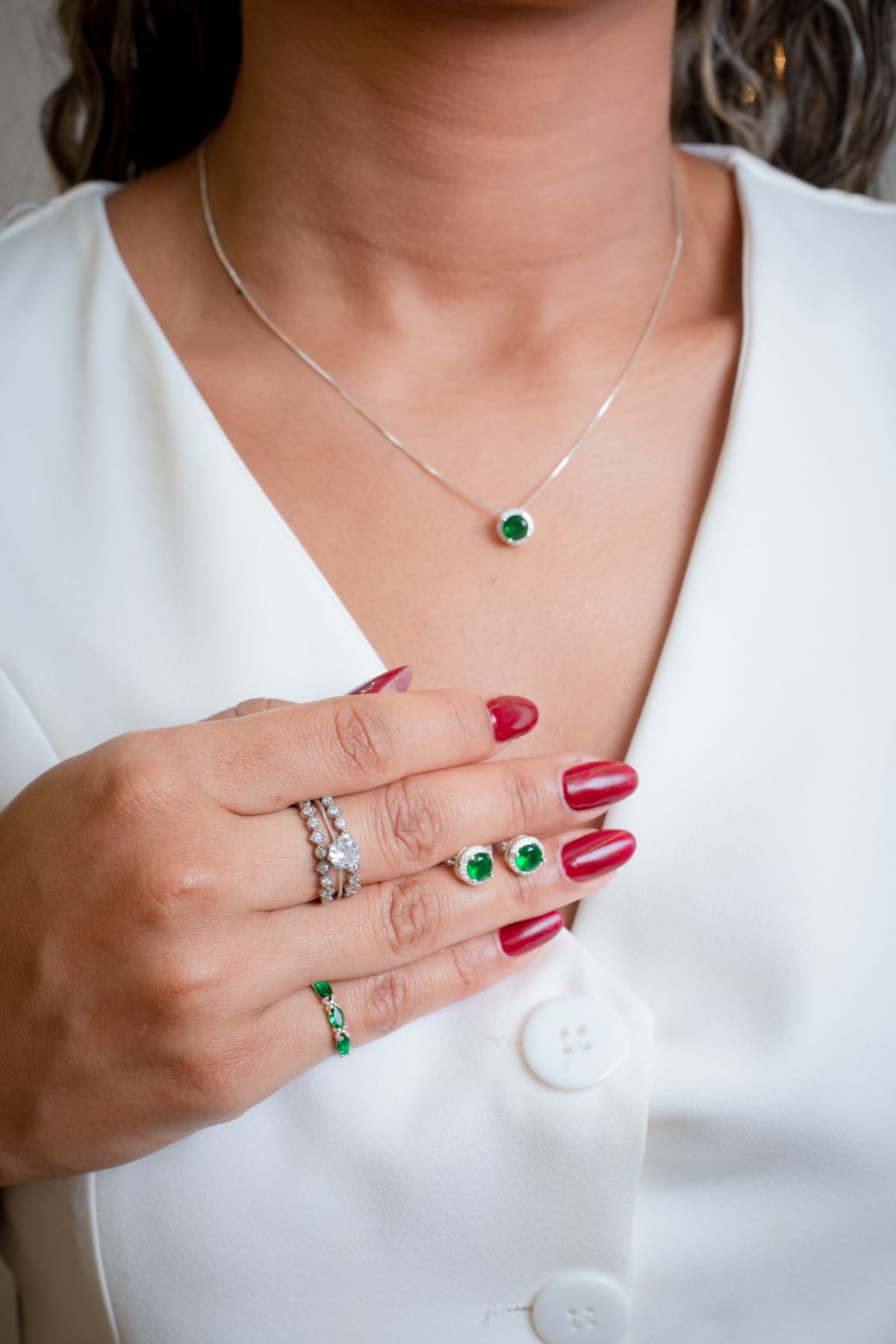 Conjunto em Prata ,Com pedras Verdes 925