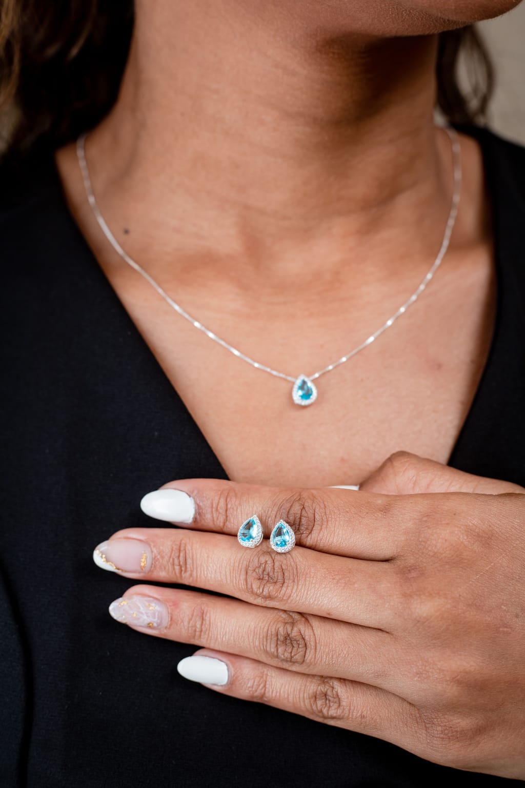 Conjunto em Prata 925 Com Zircônias Azul Turquesa